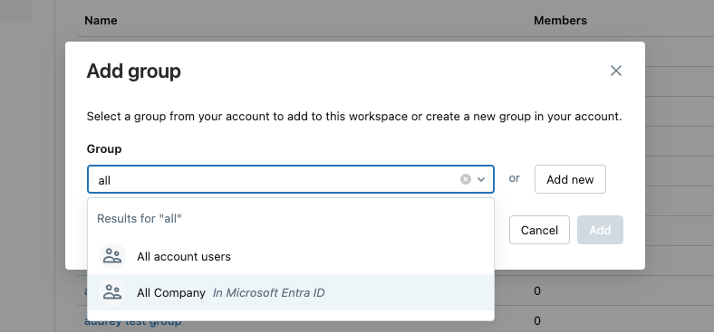 Add MS Entra ID group from workspace