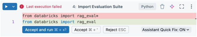 Captura de pantalla de la interfaz de usuario de corrección de errores insertada de Databricks Assistant.