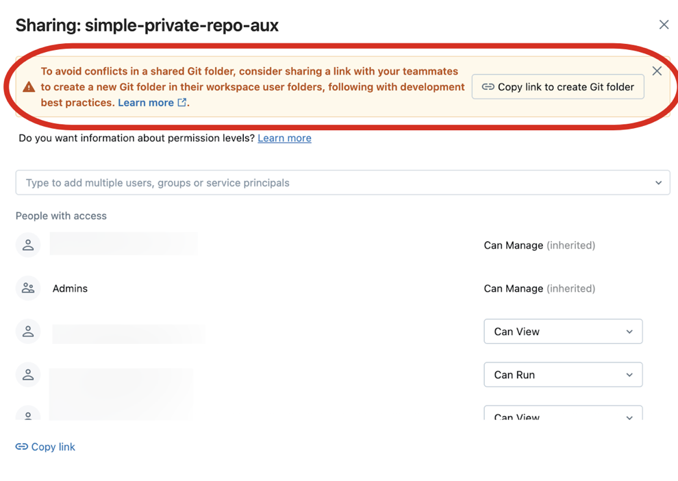 Haga clic en el botón Copiar vínculo a la carpeta de Git para compartir la configuración del repositorio de Git para la carpeta con otro usuario de la organización de Databricks.