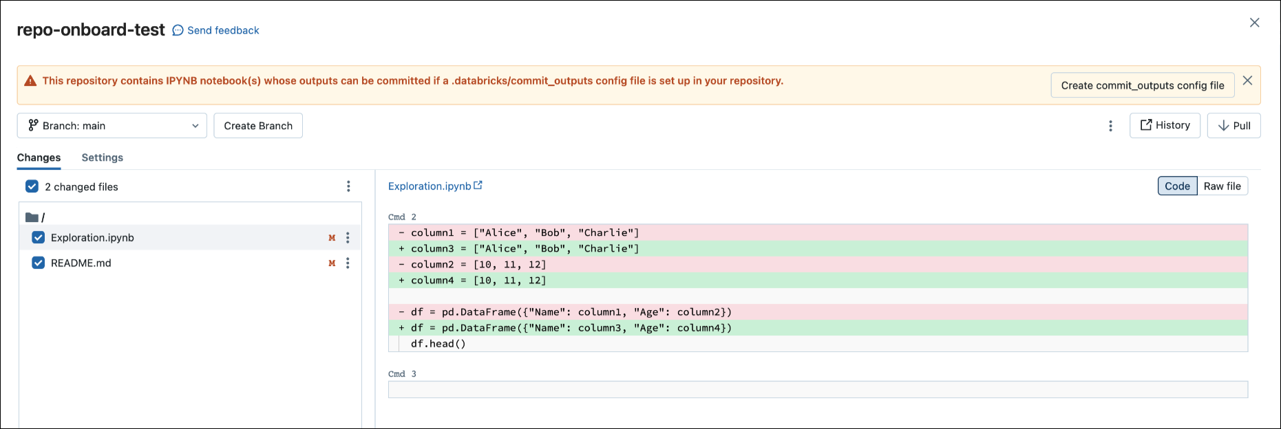 Interfaz de usuario de commit del cuaderno: botón Crear archivo commit_outputs.