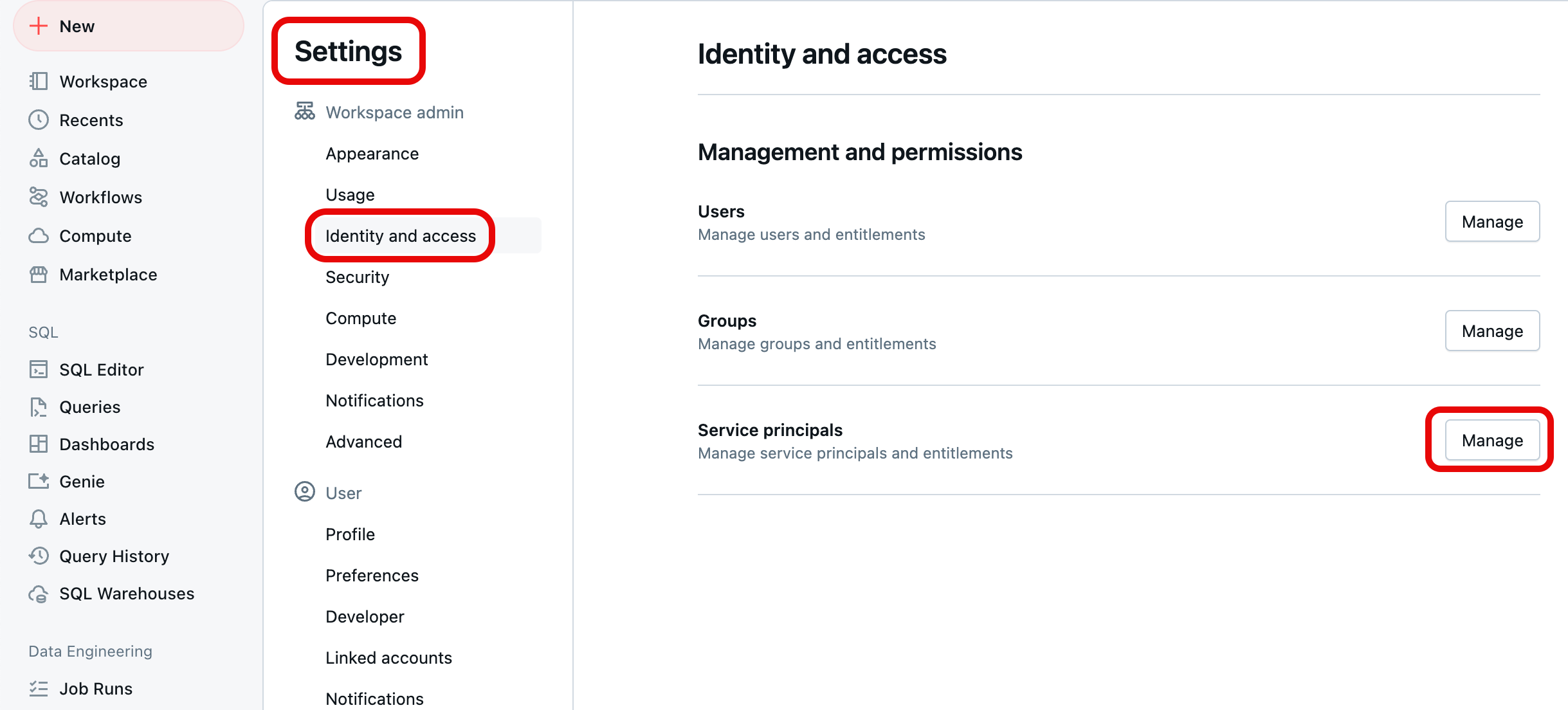 la página Principal del servicio en la configuración del área de trabajo