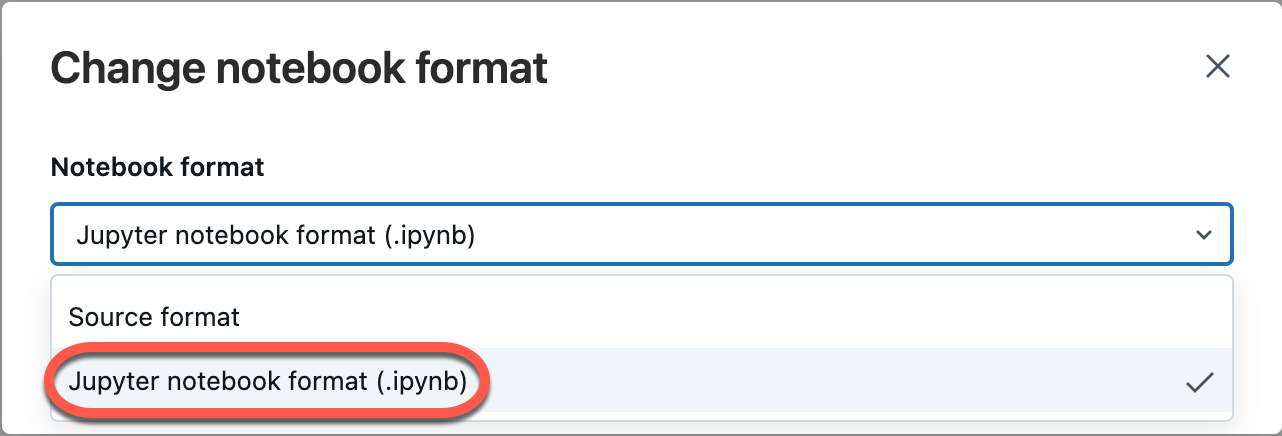 Cuadro de diálogo modal donde puede seleccionar el formato del cuaderno IPYNB.