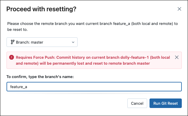 Cuadro de diálogo de Git reset --hard.