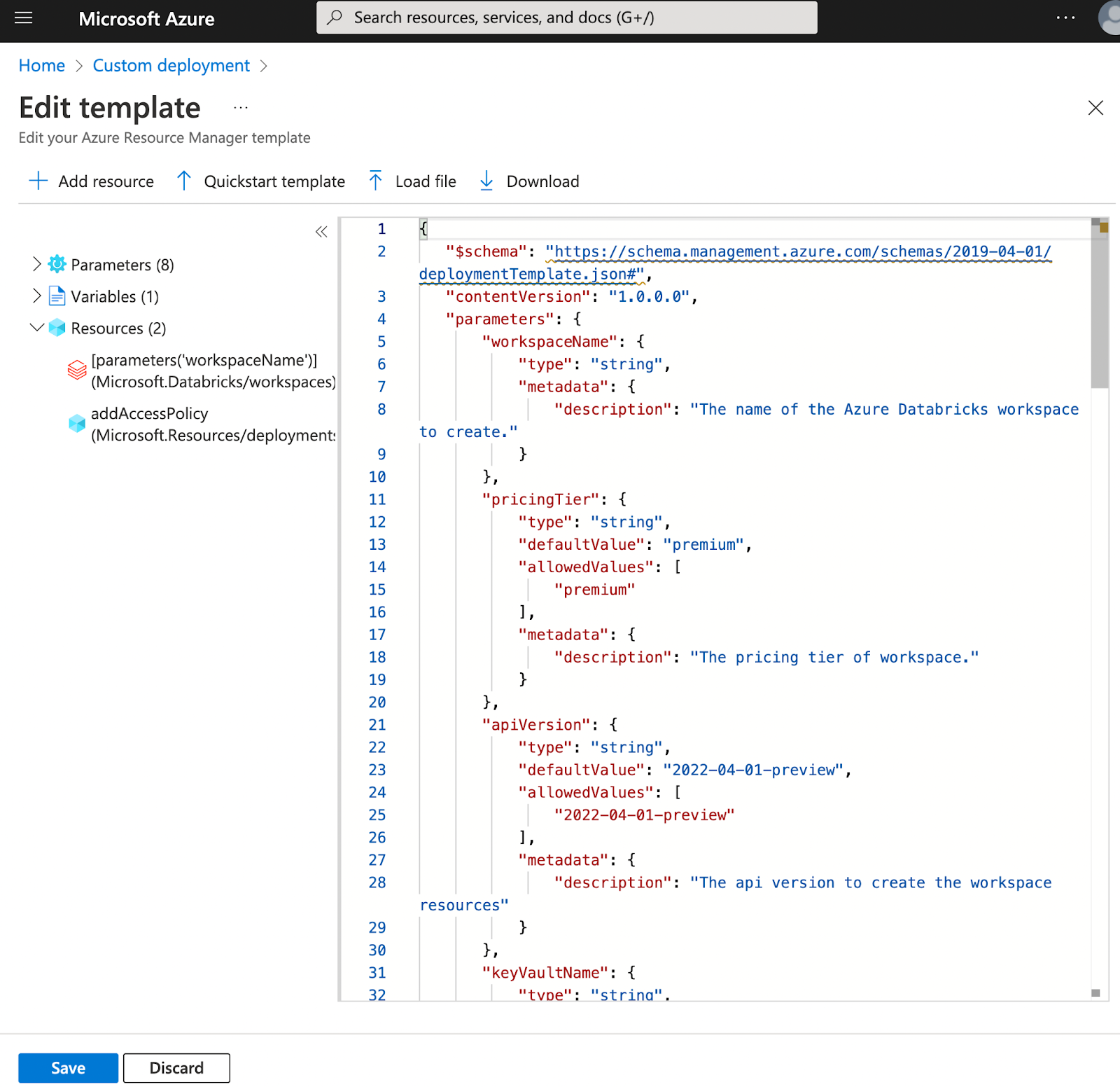 Página Editar implementación del portal de implementación personalizado de Azure