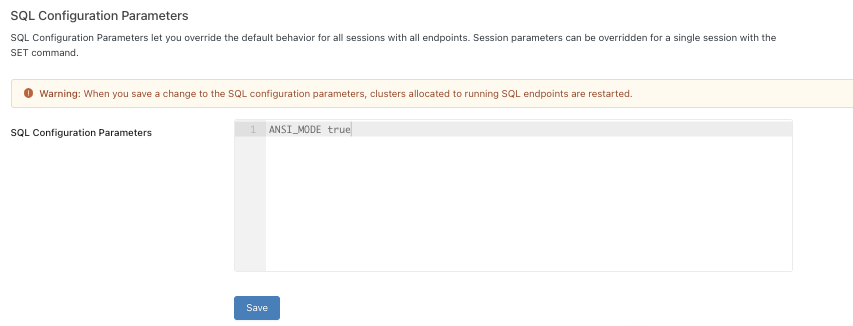 Captura de pantalla que muestra ANSI_MODE establecido en true para todos los almacenes de SQL