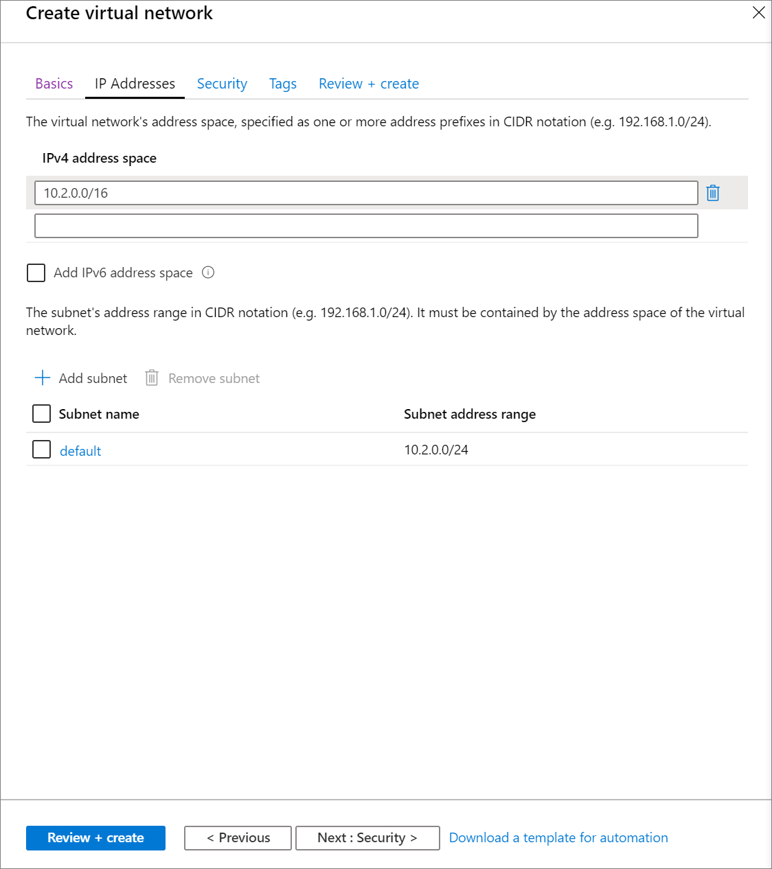 Establecimiento de configuraciones de direcciones IP para una red virtual en Azure Portal