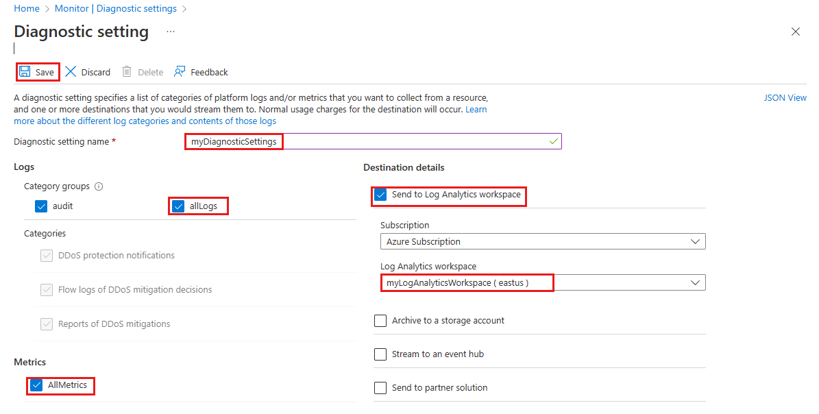 Captura de pantalla de la configuración de diagnóstico de DDoS en Azure.