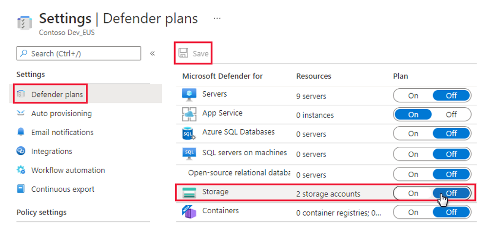 Captura de pantalla que muestra cómo desactivar el plan de Defender para Storage.