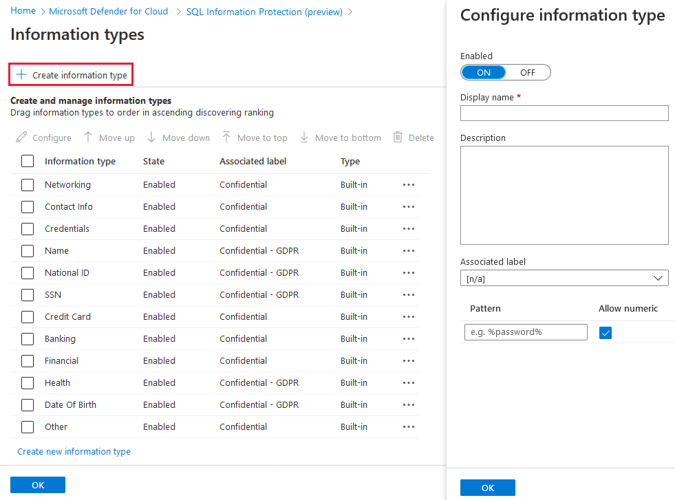 Configuración de un nuevo tipo de información para la directiva de protección de la información.