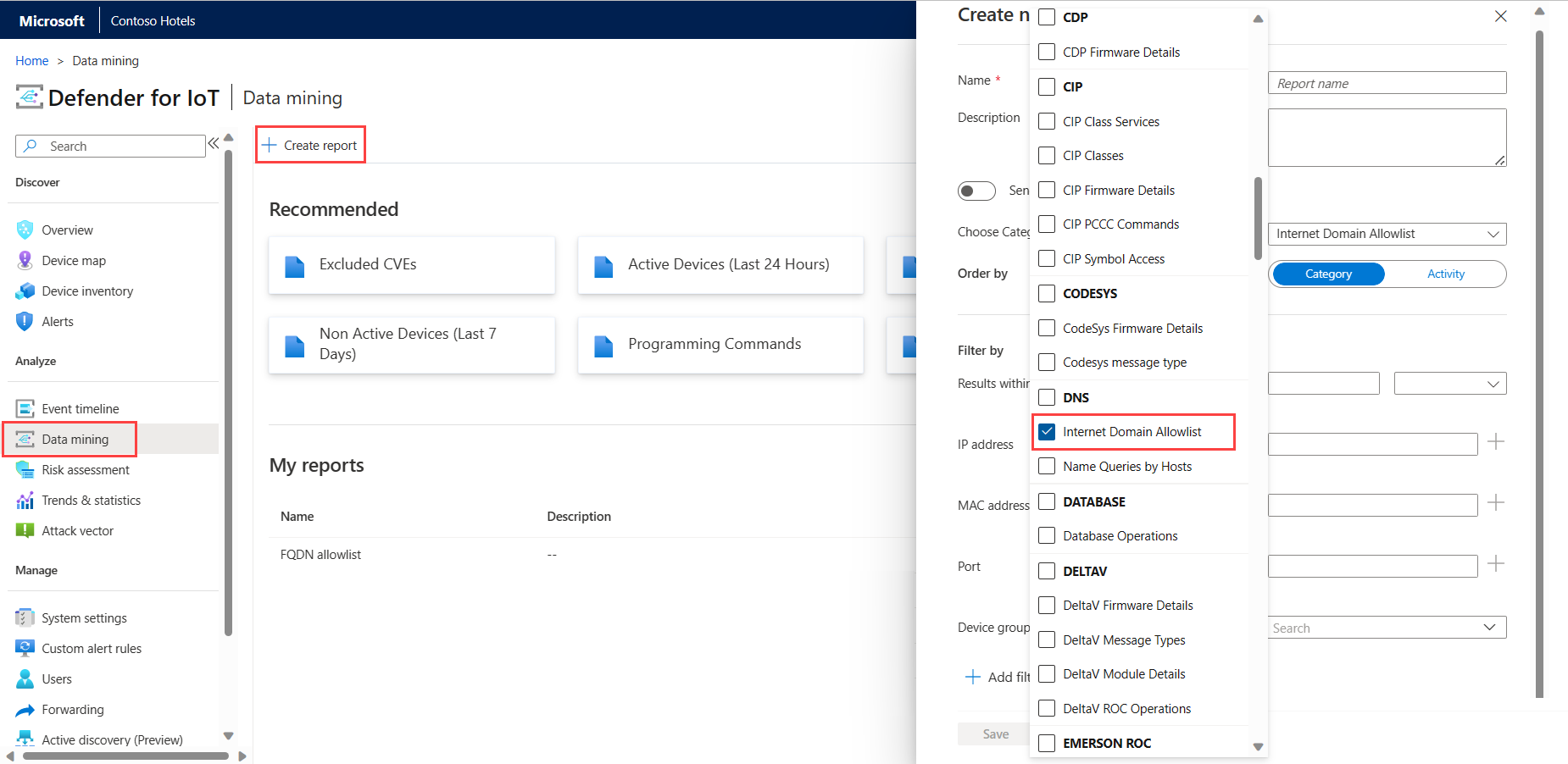 Captura de pantalla de cómo crear un informe de minería de datos para las listas de permitidos de DNS.