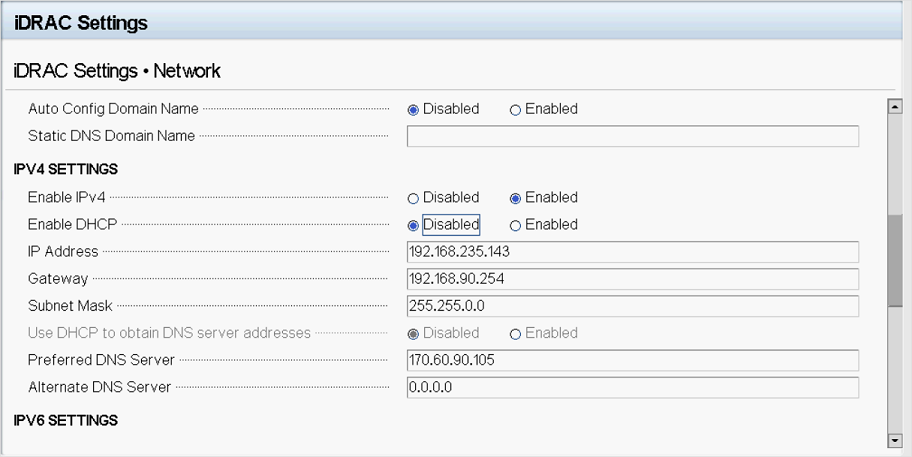 Captura de pantalla que muestra la máscara de subred estática en la configuración de iDRAC.