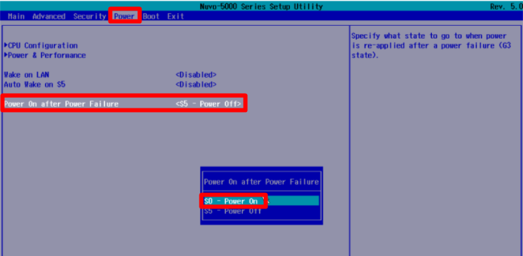 Captura de pantalla que muestra la configuración de un dispositivo Nuvo 5006 para que se encienda después de un error de encendido.