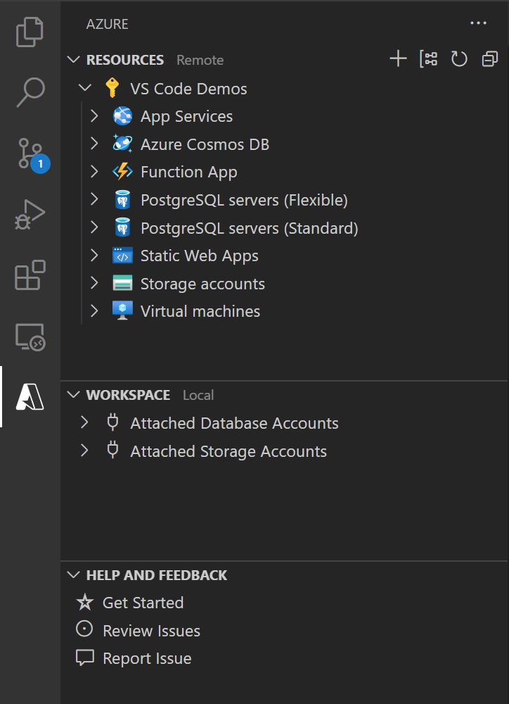 Captura de pantalla que muestra Visual Studio Code con el paquete de extensión Azure Tools instalado.