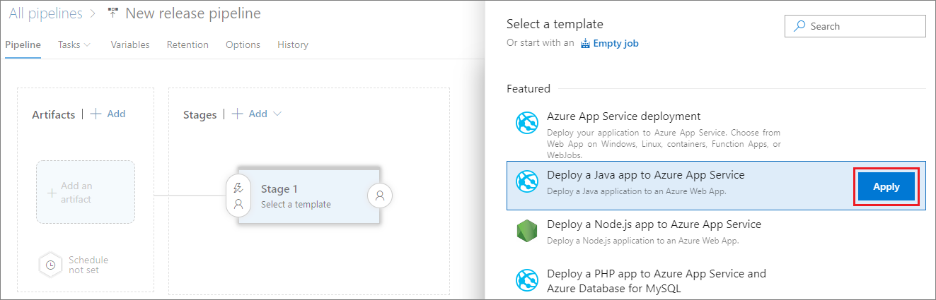 Seleccione la plantilla Implementar una aplicación Java en Azure App Service