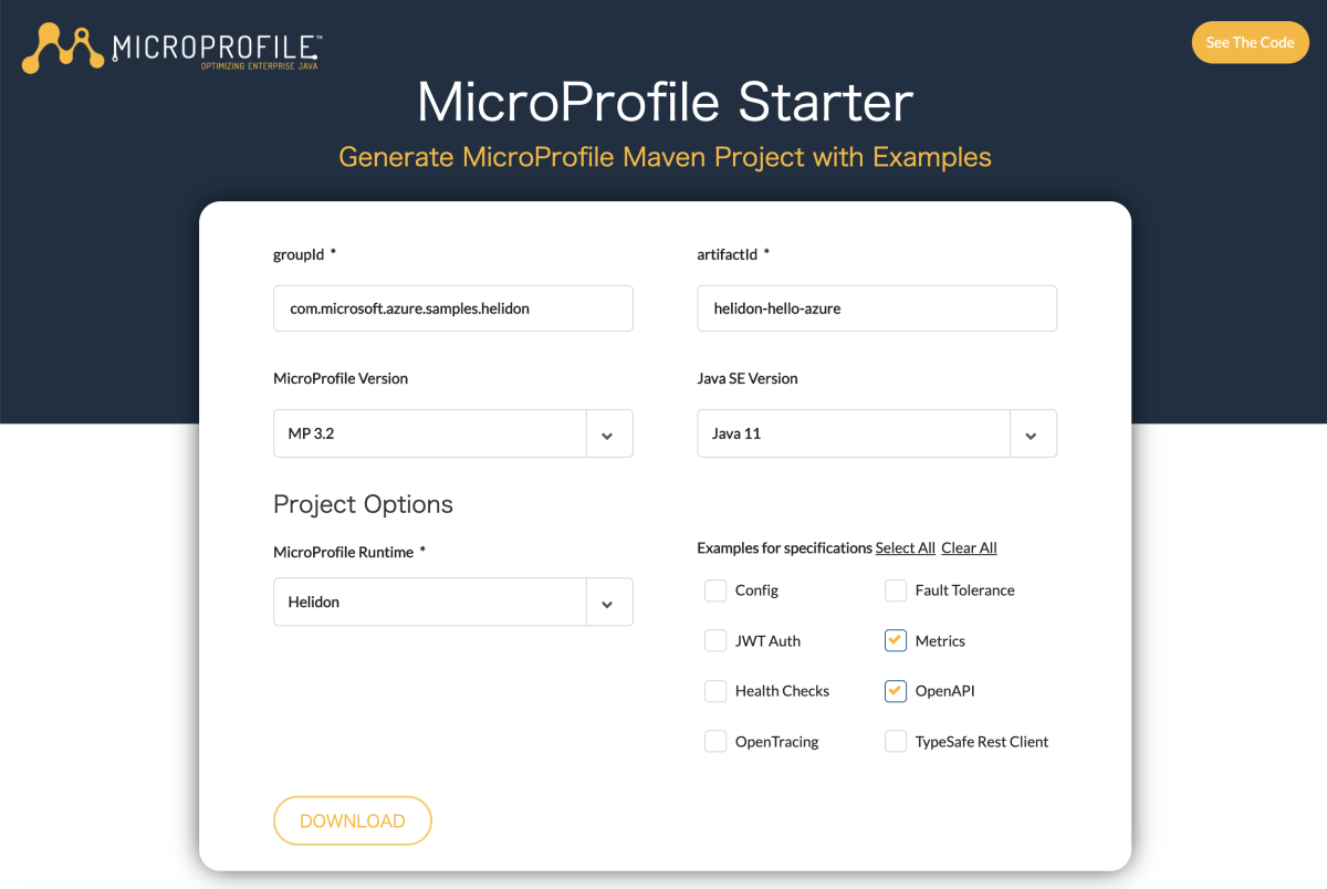 Captura de pantalla que muestra MicroProfile Starter con el entorno de ejecución de Helidon seleccionado.