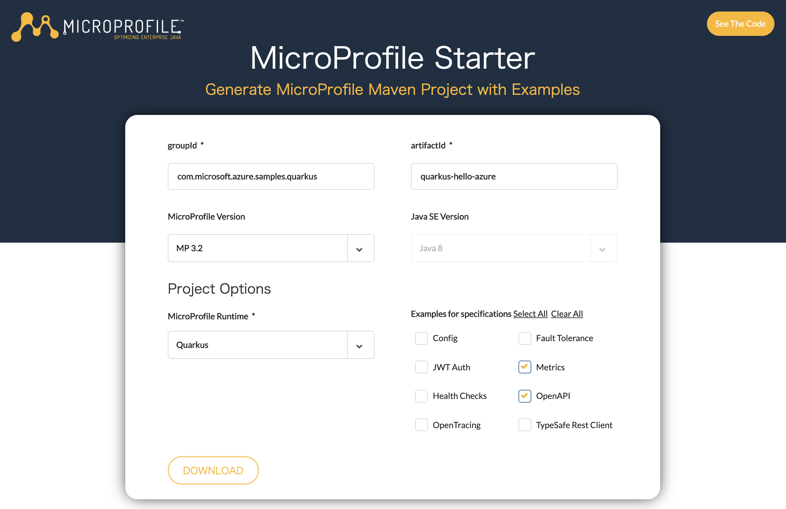 Captura de pantalla que muestra MicroProfile Starter con el entorno de ejecución de Quarkus seleccionado.