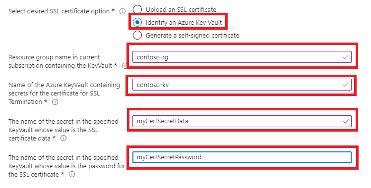 Azure portal screenshot showing Azure Key Vault fields.