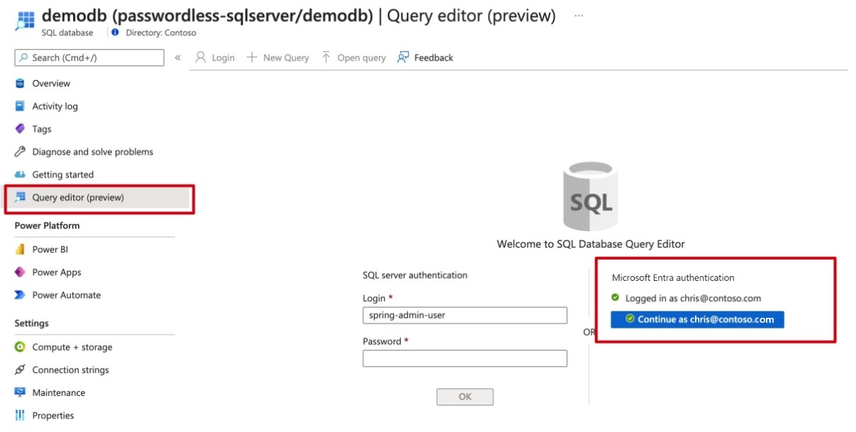 Captura de pantalla de Azure Portal en la que se muestra el editor de consultas de SQL Database.