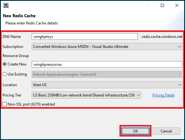 Create New Redis Cache Dialog Box