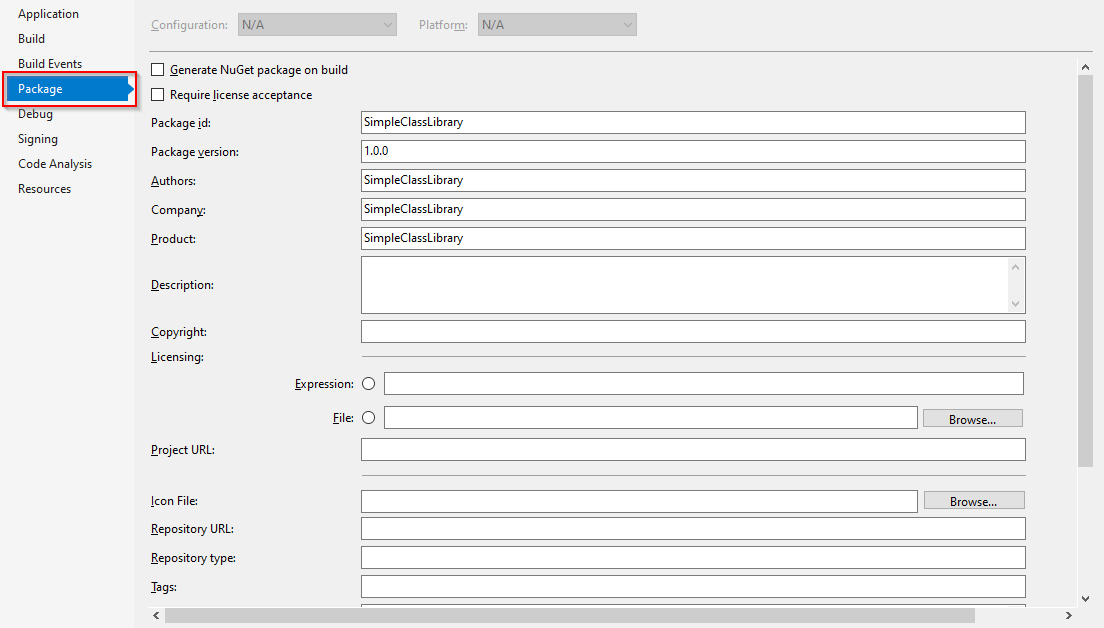 Configurar propiedades del paquete