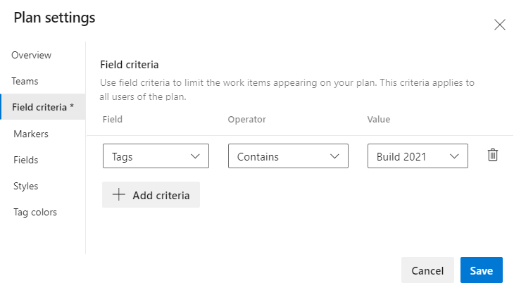 Captura de pantalla que muestra el cuadro de diálogo para la configuración del plan, página de criterios de campo.