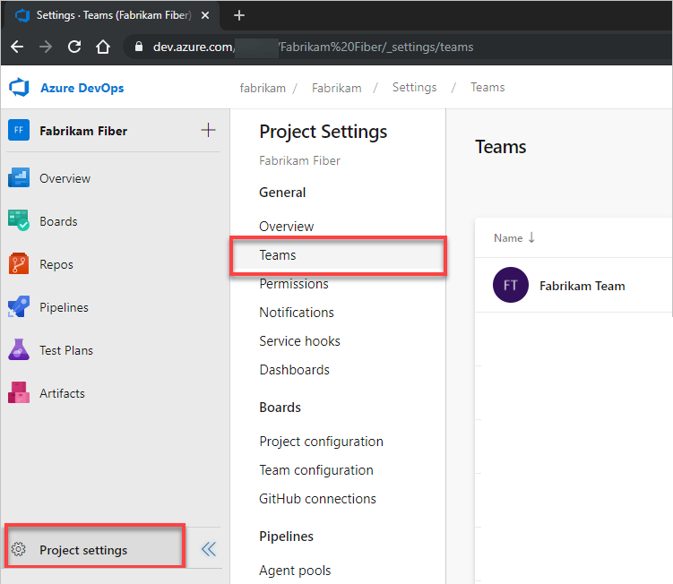 Abra Configuración del proyecto y, después, Equipos.