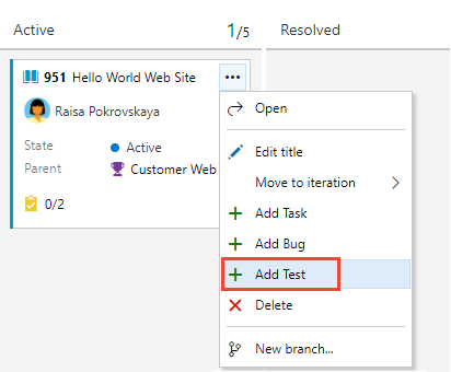 Screenshot of Kanban board card, menu, choose Add test option.