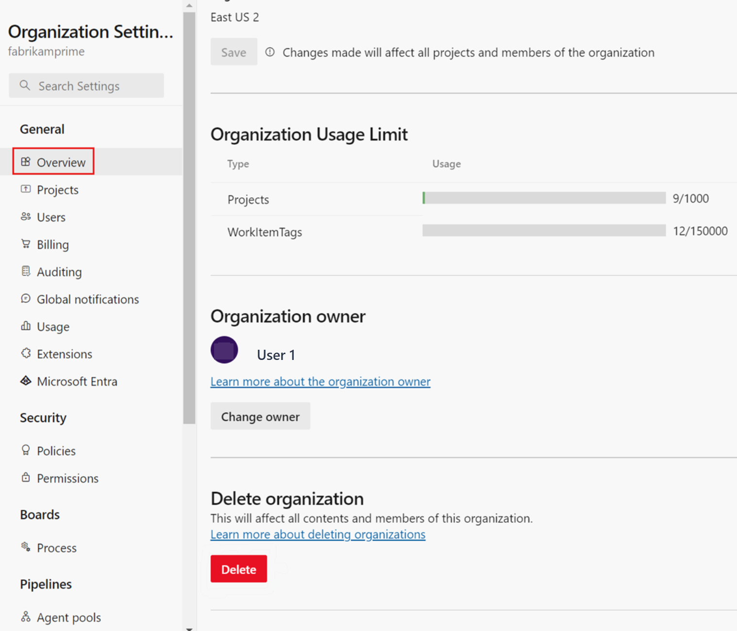 Captura de pantalla de la configuración de la organización, con información general y eliminación resaltados