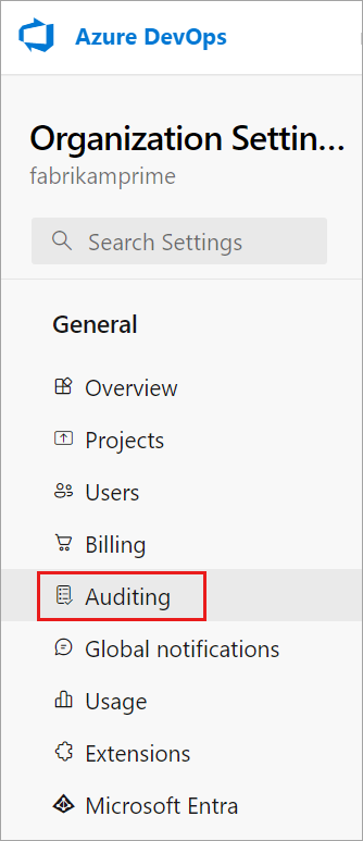 Seleccione Auditoría en la configuración de la organización.