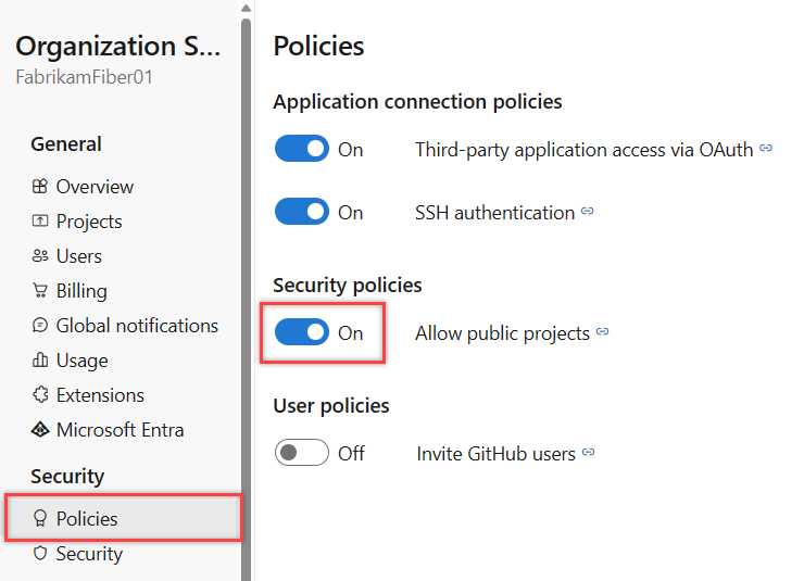 Captura de pantalla que muestra la configuración de la organización, la página Directiva, el flujo de directivas de seguridad.