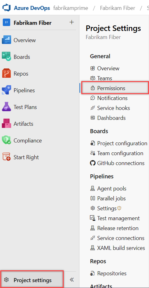 Captura de pantalla que muestra las selecciones resaltadas, los botones Configuración del proyecto y Permisos.