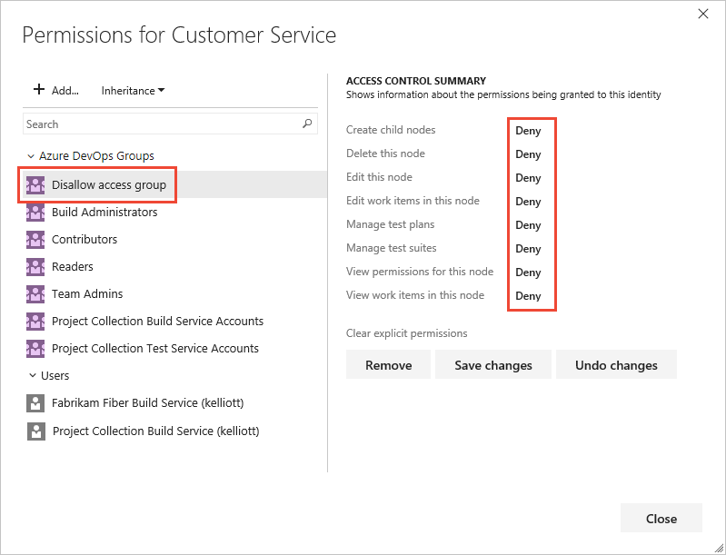 Captura de pantalla de seguridad de nodo de ruta de área, grupo seleccionado y configuración de Permisos de denegación, Azure DevOps Server 2022 y versiones anteriores. 