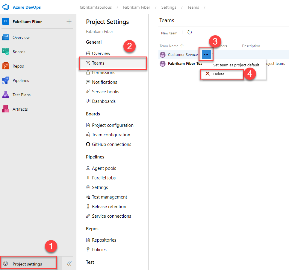 Captura de pantalla de la secuencia de opciones de Teams Eliminar equipo de configuración >> del proyecto.