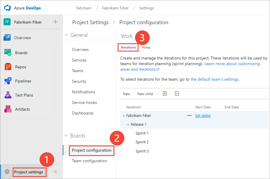 Captura de pantalla de configuración del proyecto, Configuración del proyecto para Azure DevOps Server 2019.