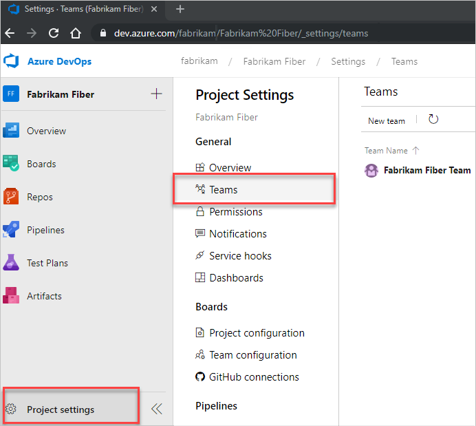 Captura de pantalla del botón Abrir configuración del proyecto y, a continuación, selección de botones de Teams en la página actual