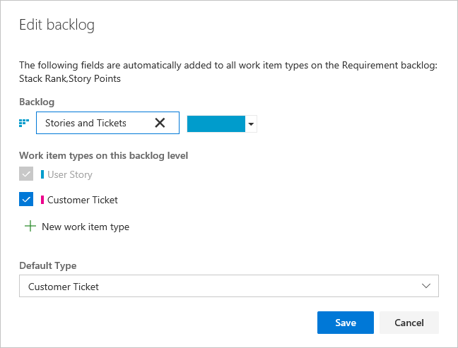 Ejemplo de cambio de nombre del trabajo pendiente, adición de Customer Ticket y cambio del tipo predeterminado a Customer Ticket.