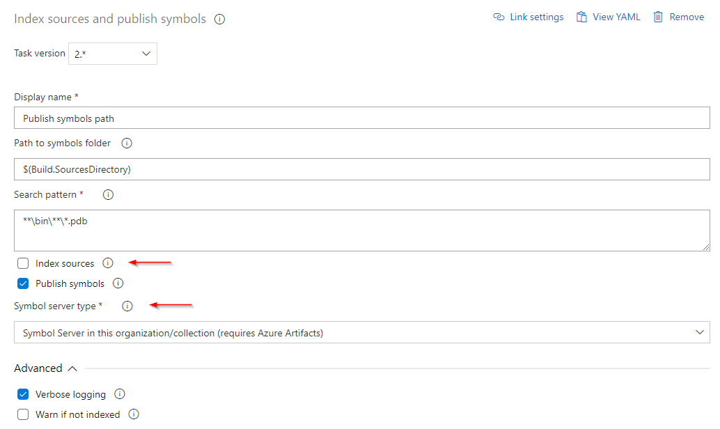 Captura de pantalla en la que se muestra cómo configurar la tarea de publicación para publicar PDB portables en el servidor de símbolos de Azure Artifacts.