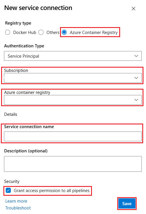 Captura de pantalla de la nueva conexión del servicio Azure Container Registry.