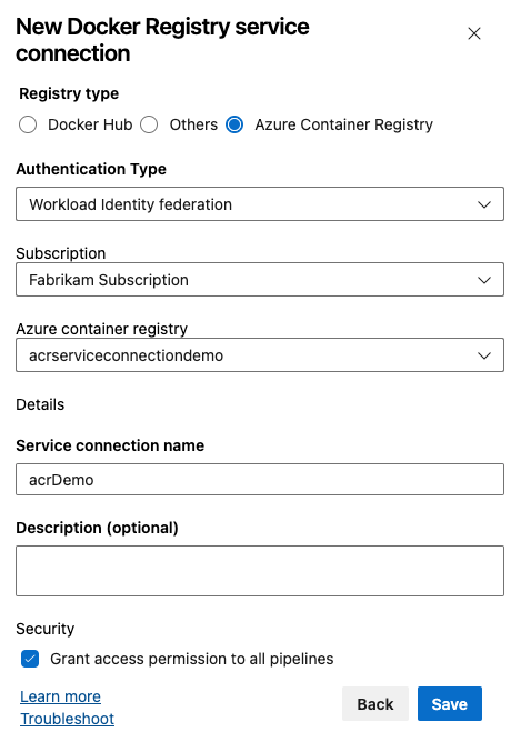 Captura de pantalla que muestra cómo configurar una conexión de servicio de registro de Docker para la federación de identidades de carga de trabajo.