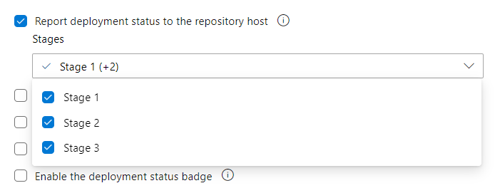 Captura de pantalla de las opciones de integraciones para canalizaciones clásicas, informe del estado de implementación en el host del repositorio