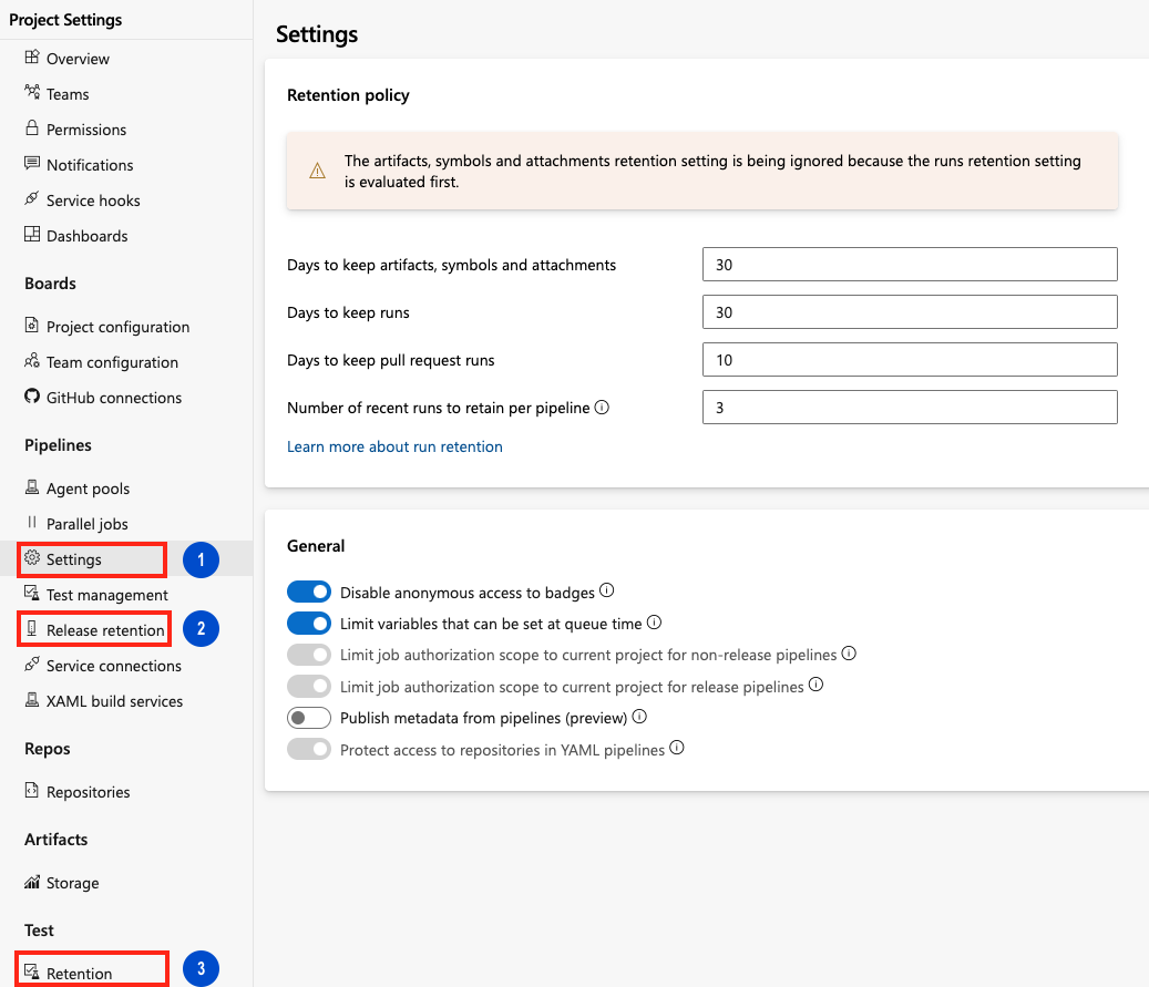 Directivas de retención de la configuración del proyecto