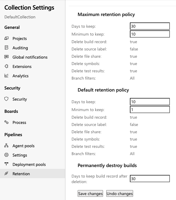 Captura de pantalla donde se indica cómo configurar la directivas de retención de recopilación.