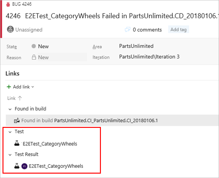 Vínculos de prueba en un error