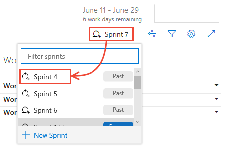 Captura de pantalla que se muestra aquí puede seleccionar un sprint anterior en el selector de sprint.