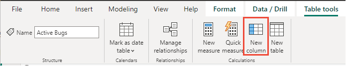 Captura de pantalla de la pestaña Herramientas de tabla de Power BI, Nueva columna.