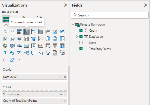 Captura de pantalla de las selecciones visualizaciones y campos de Power BI para el informe de gráfico de columnas agrupadas de lanzamiento. 