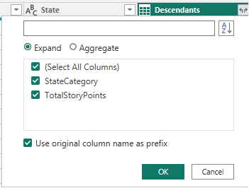 Captura de pantalla de la columna Descendientes de Power BI y opciones de expansión. 