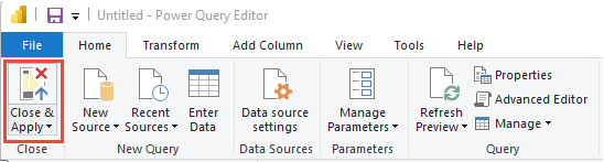 Captura de pantalla de Editor de Power Query opción Cerrar y aplicar.