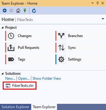 Captura de pantalla del archivo de solución en la sección Soluciones de Team Explorer en Visual Studio 2019.