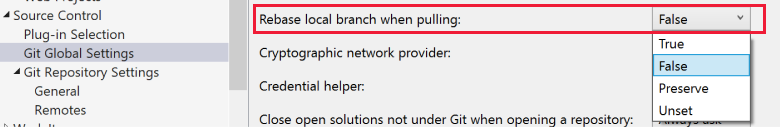 Captura de pantalla del valor de fusión mediante cambio de base en Configuración global de Git en el cuadro de diálogo Opciones de Visual Studio.